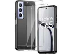 Conjunto De Capas Fibra Incluídas Para Realme Realme C65 4g Hongwe. Carbono Anti-choque Preto (2un)