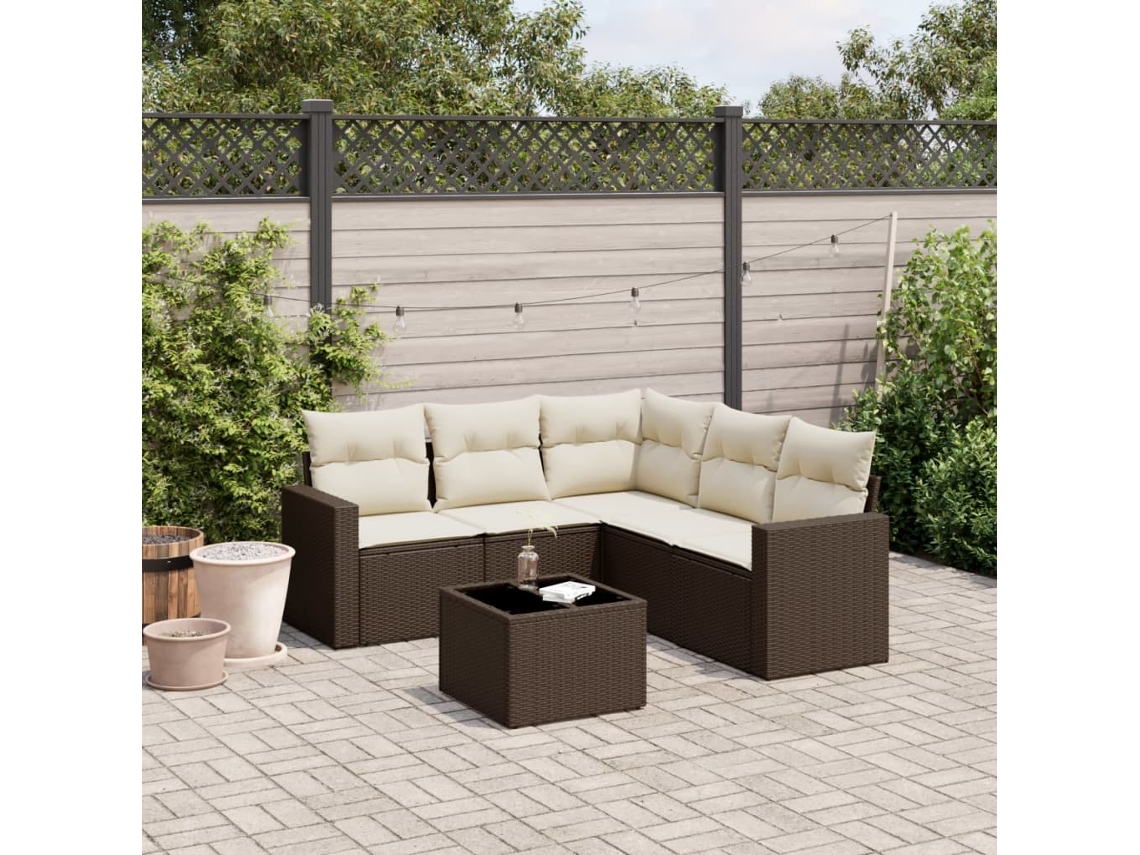 6 Pcs Conjunto De Sofá Jardim C/ Almofadões Vime Pe Marrom Dkd Home Decor