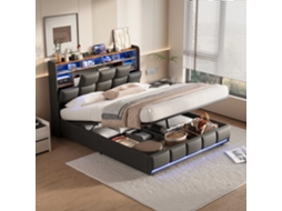 Cama de Casal Estofada 140x200 Cm, Cama Com Arrumação E Led Rgb E Usb, Com Cabeceira E Estrutura De Ripado, Couro Preto