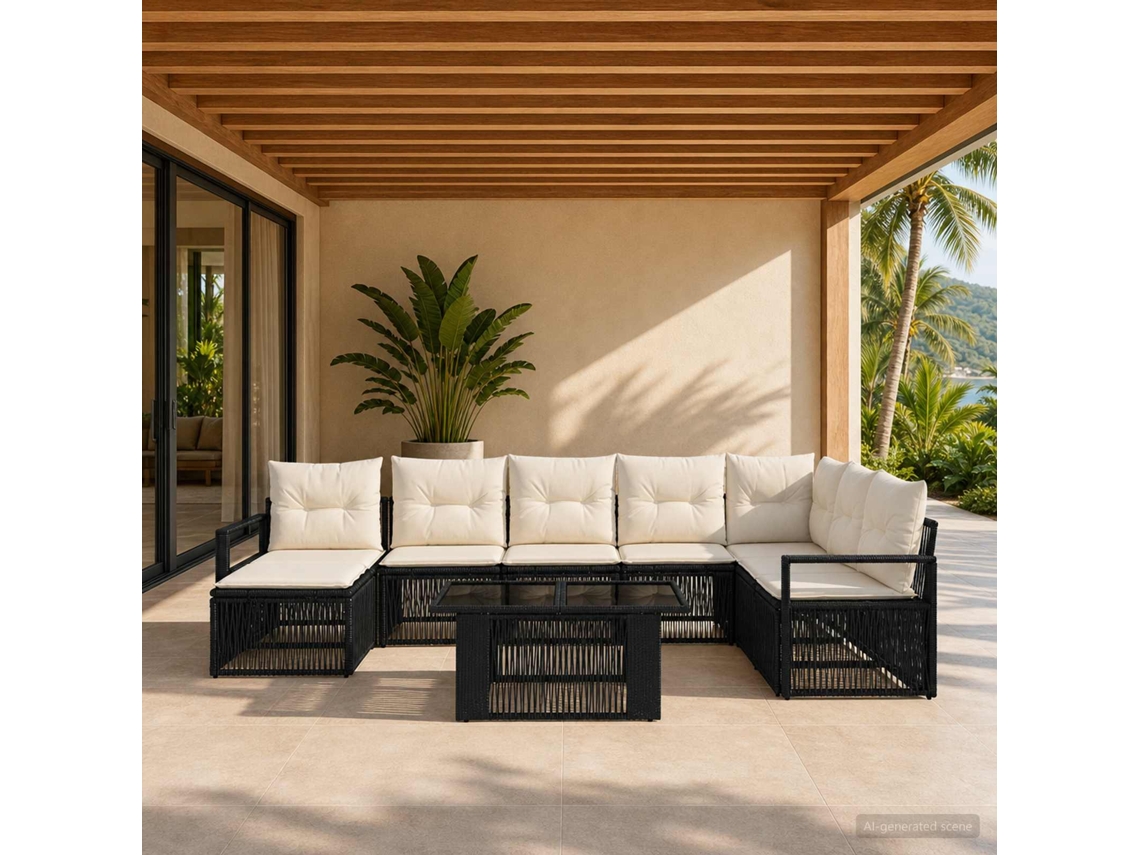 Vidaxl Conjunto De Sofá De Jardim 9 Unid. Preto E Branco Creme Vime Pe