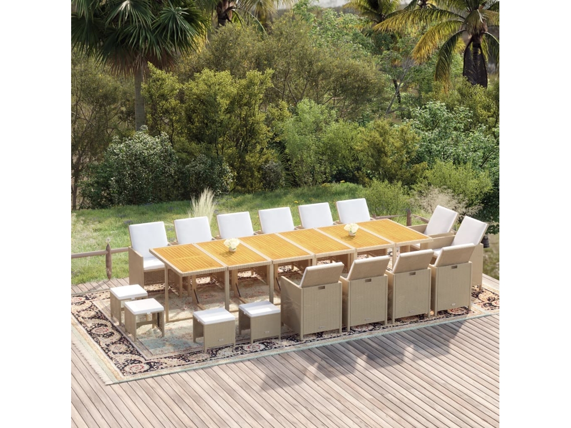 Vidaxl 17 Pcs Conjunto Jantar P/ Jardim C/ Almofadões Vime Pe Bege