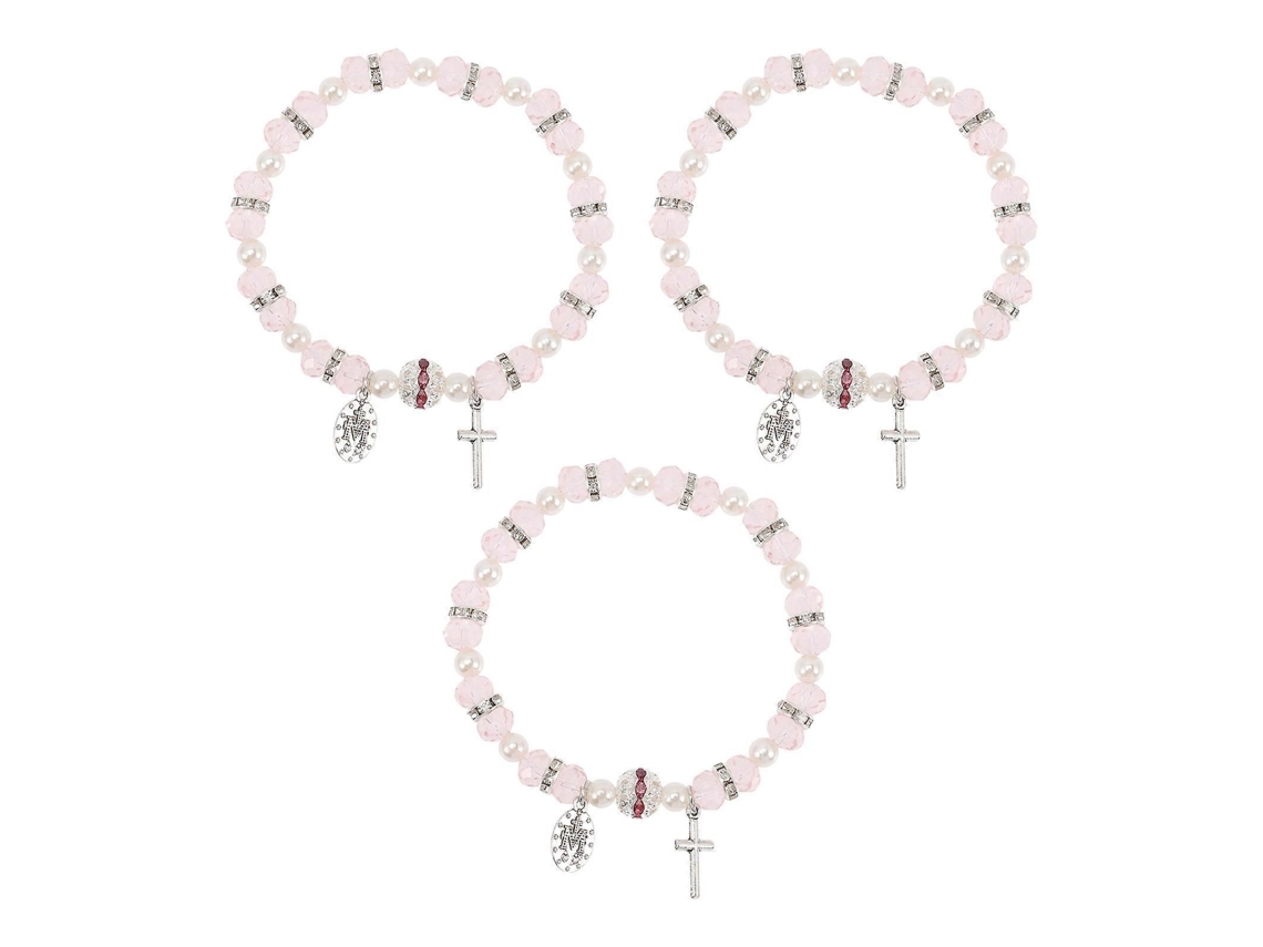 Conjunto De 3 Pulseiras Com Cruz De Cristal E Pérola Para Meninas.