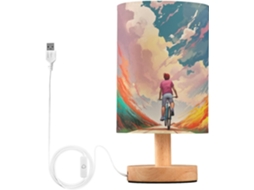 Luminária De Cabeceira Led Com Desenho Menina Ciclista, Ideal Para Quarto, Leitura Com Cúpula De Tecido, Base De Madeira