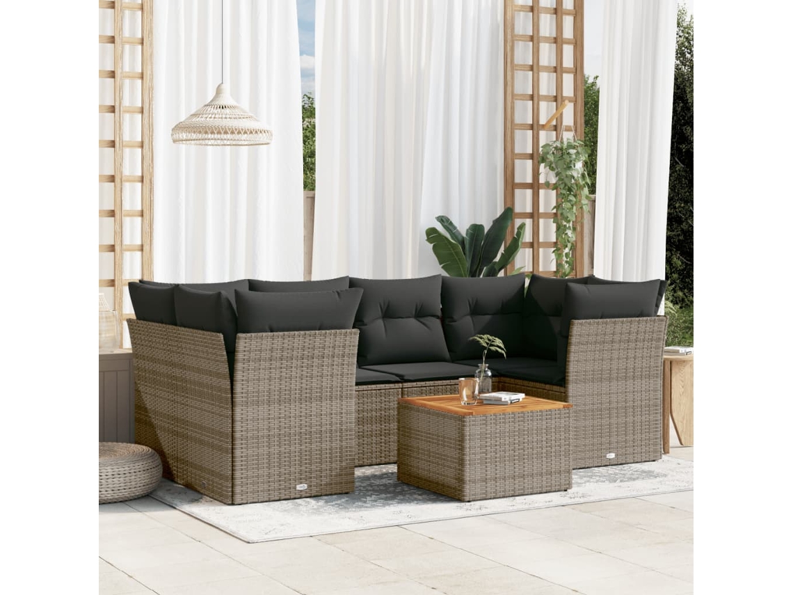 Jogo 7 Peças Sofás P/ Jardim C/ Almofadões Vime Pe Cinza Dkd Home Decor