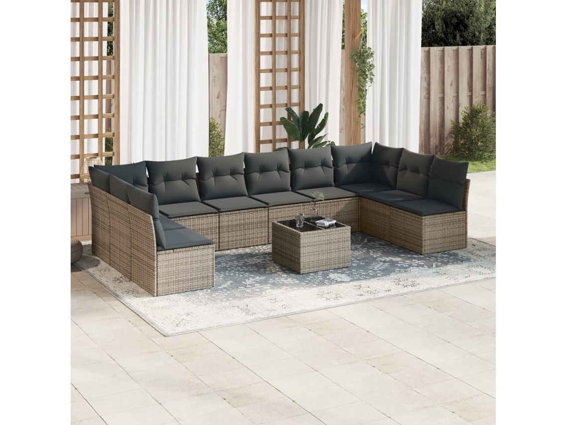 Vidaxl 11 Pcs Conjunto Sofás De Jardim C/ Almofadões Vime Pe Cinzento