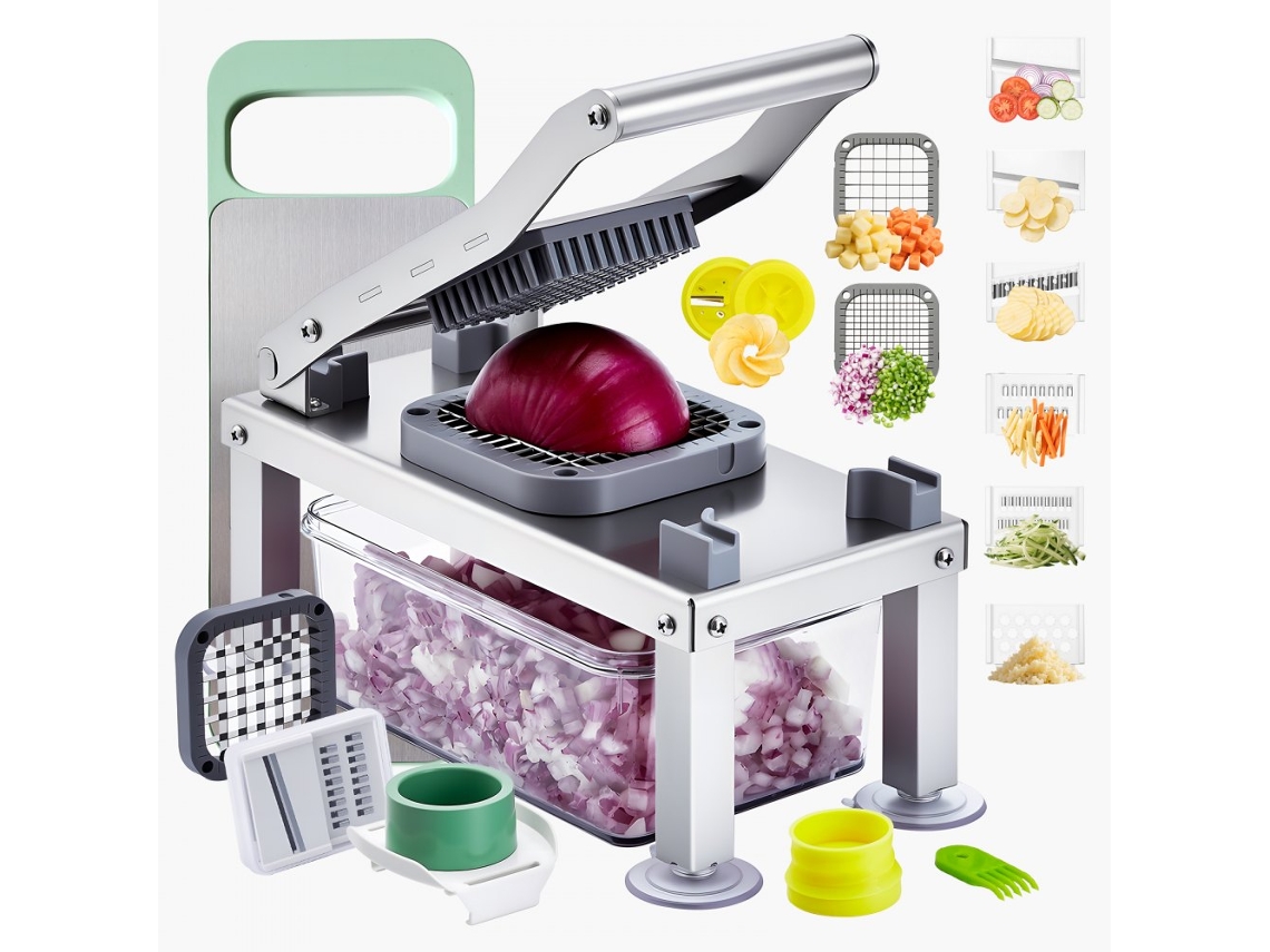 Conjunto De Cortador, Picador E Fatiador De Legumes Em Inox Com 9 Lâminas E Recipiente 1650ml Tekmaquinas