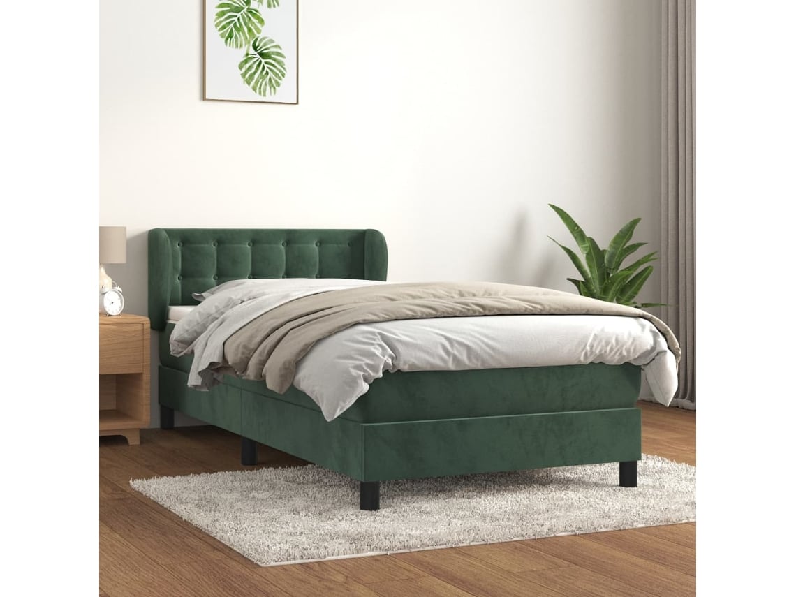 Cama com Colchão de Molas Veludo Verde (90x190cm)