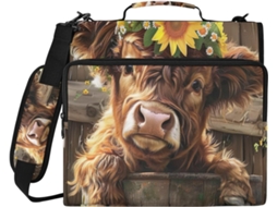 Organizador de massas com estampa delicada de vaca e flores, porta-arquivos com 3 argolas, zíper e compartimento.