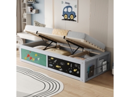 Cama Madeira 90x200cm Ajuste Hidráulico Prateleira Armário Cinza
