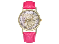 Reloj De Cuero Pu Unisex Con Patrón De Mapa Reloj De Cuarzo Rojo Rosa Zhoulianfa
