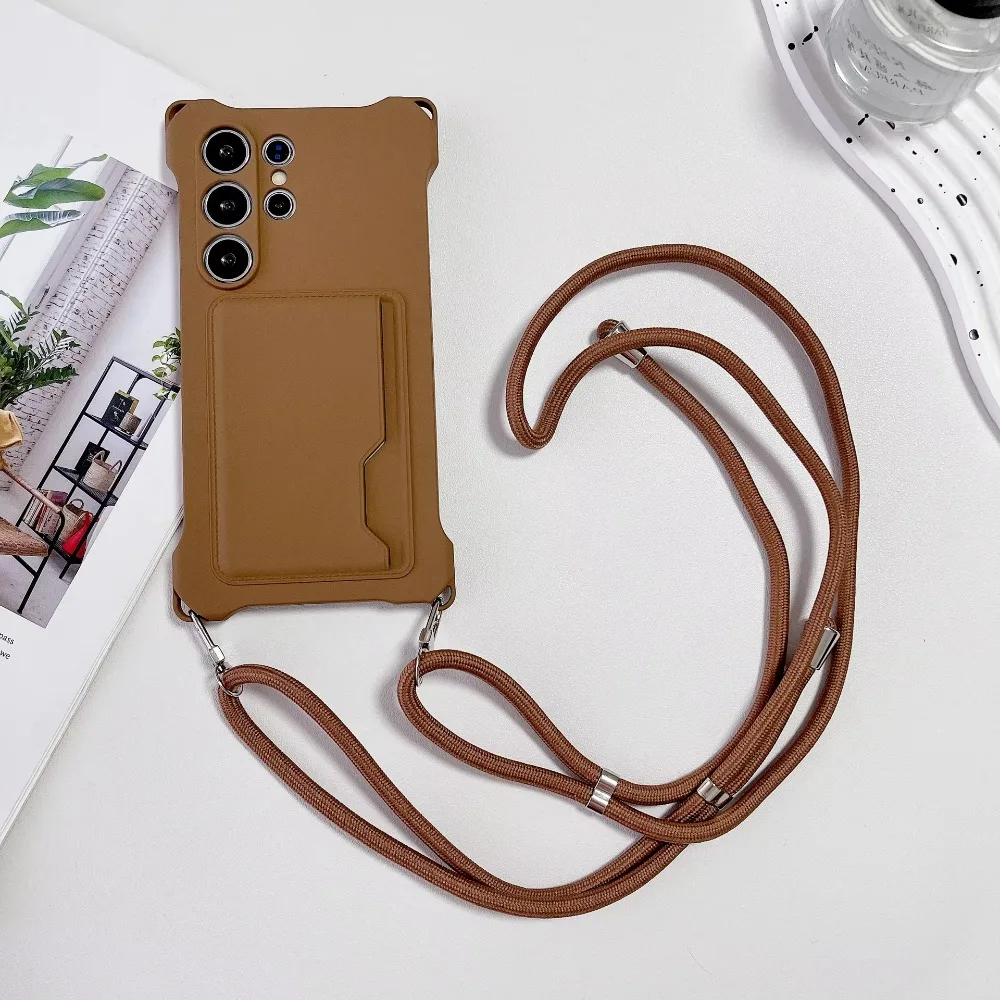 (marrom, Galaxy S23) Capa De Silicone Macio Para Celular Com Compartimento Para Cartão Sim, Cordão E Proteção Contra Impactos.