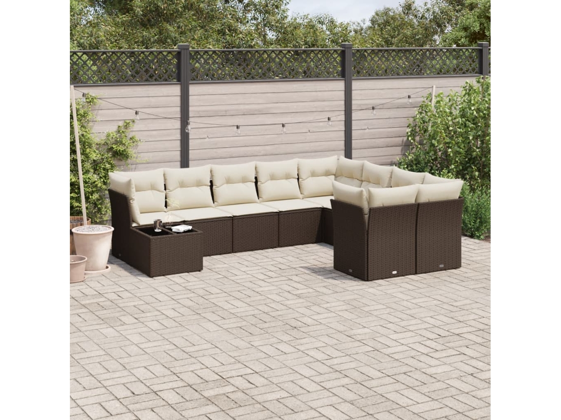 Vidaxl 10 Pcs Conj. Sofás Jardim com Almofadões Vime Pe Castanho