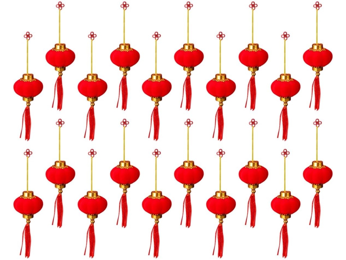 Lanternas Chinesas Vermelhas Para Pendurar, Pacote Com 20 Unidades, Em Tecido Aveludado E Plástico.