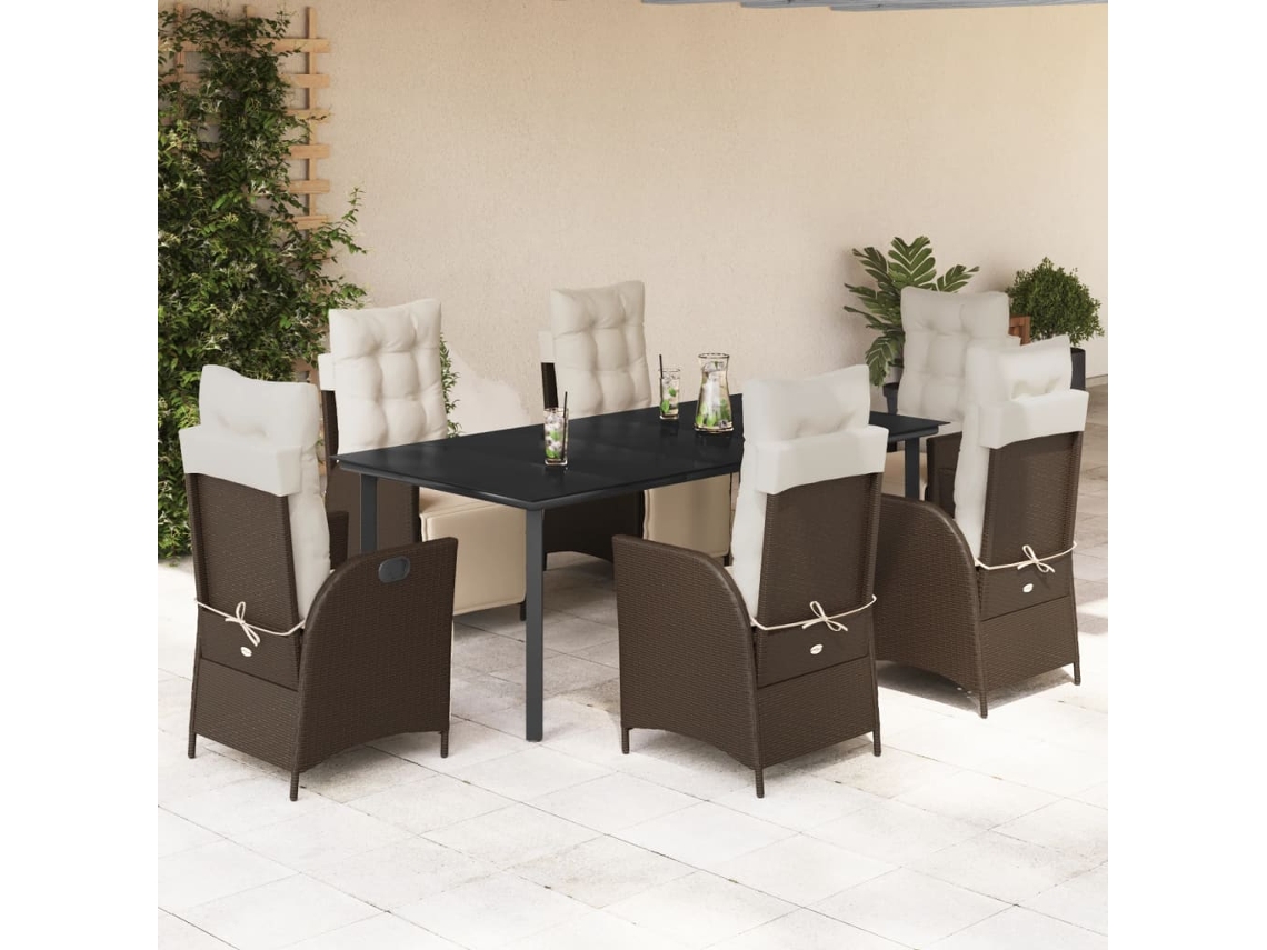 Vidaxl 7 Pcs Conjunto Jantar P/ Jardim C/ Almofadões Vime Pe Castanho