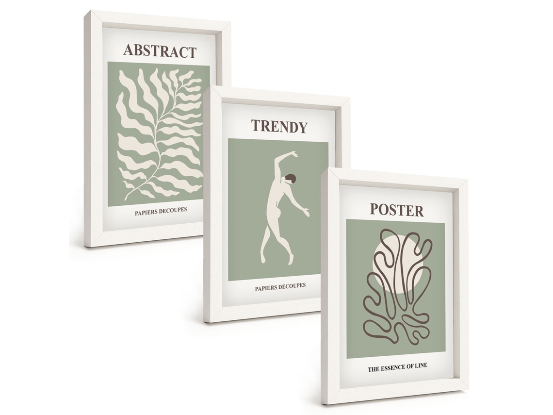 Conjunto De Pinturas Padrões De Plantas Verdes De Matisse Moldura Branca Imagens Para Um Quarto Infantil Espelharte (3 Peças 20x30 Cm)