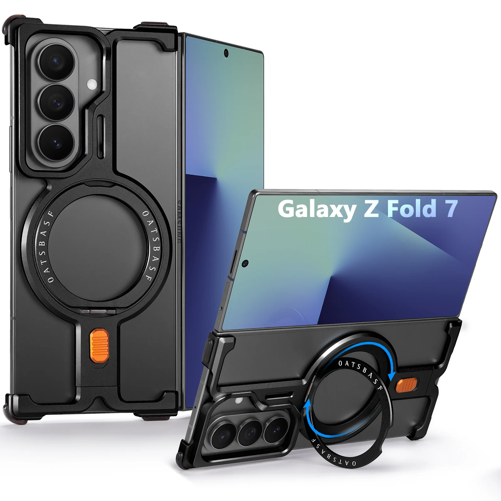 Capa Protetora Sem Moldura Em Liga De Alumínio (preta) Para Galaxy Z Fold7 Com Suporte Magnético Giratório De 360°