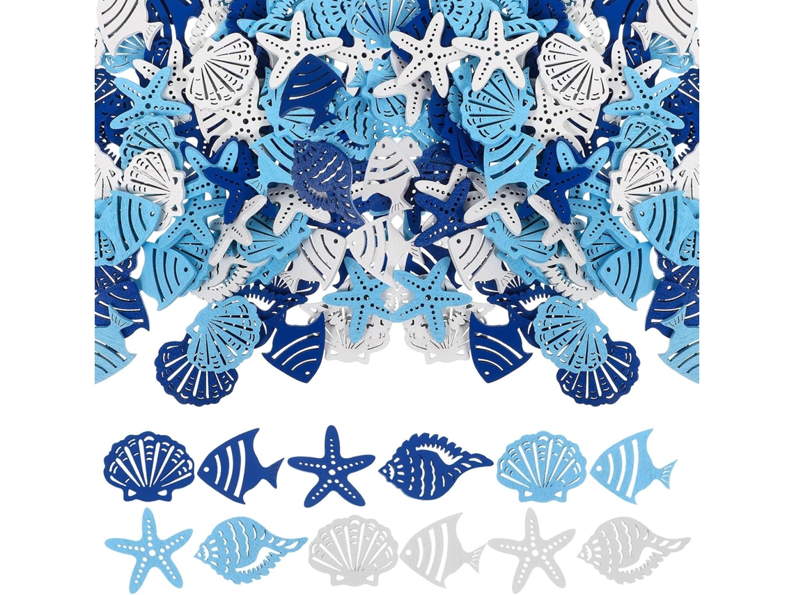 Conjunto de 100 Decorações Marinhas de Madeira, Enfeites para Pendurar em Casa e Festas, Estrelas-do-mar e Conchas