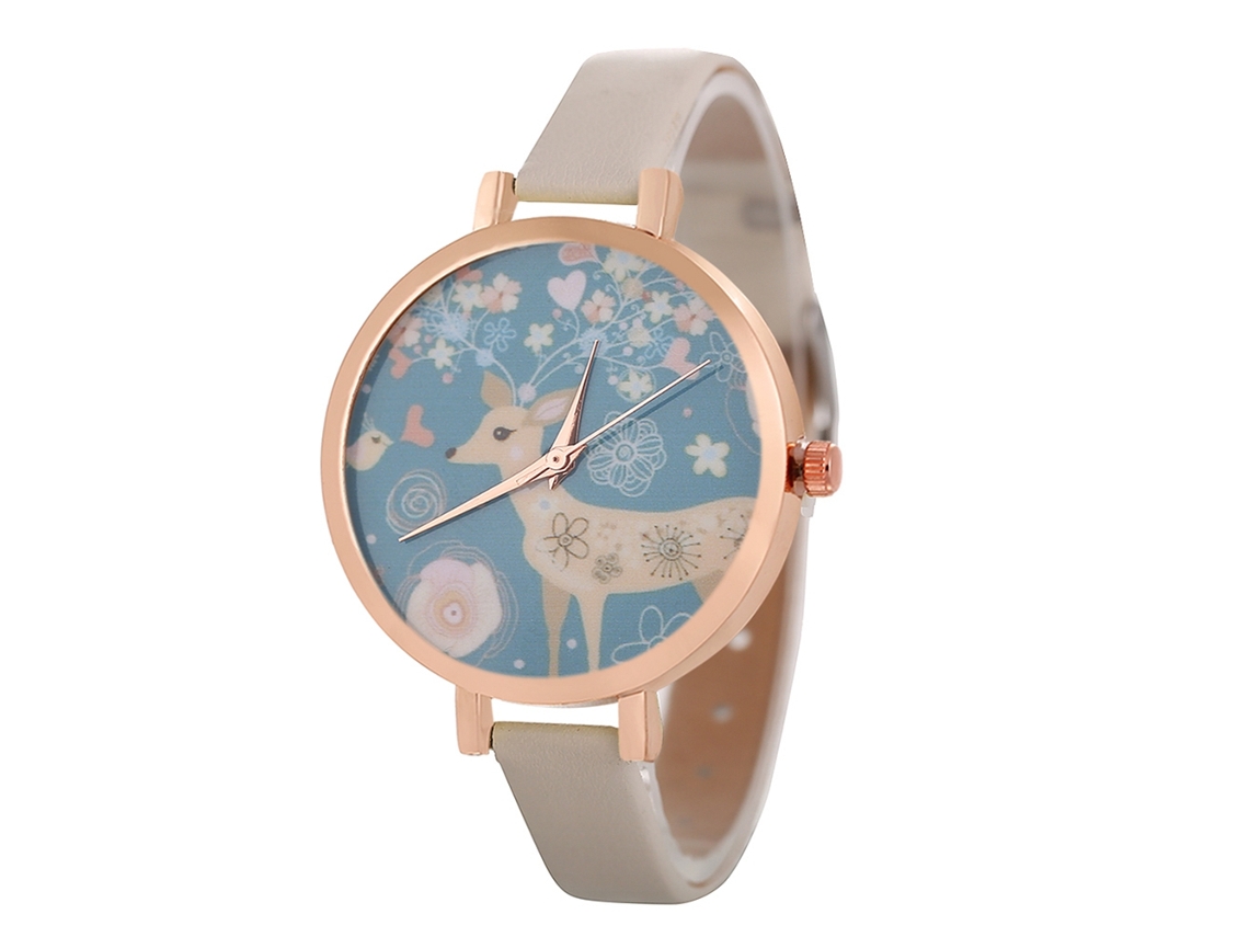 Relógio de Pulso Feminino de Moda com Pulseira Pu Display Analógico Quartzo Bege