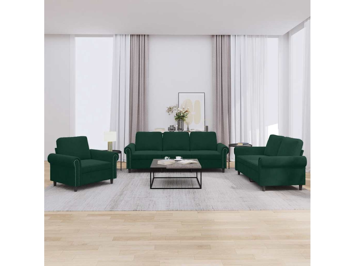 Vidaxl 3 Pcs Conjunto De Sofás Com Almofadões Veludo Verde-escuro