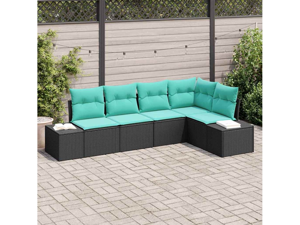 Vidaxl Conjunto De Sofá De Jardim 5 Unid. Preto E Turquesa Vime Pe