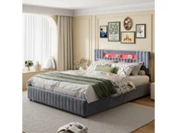 Cama Com Arrumação, Cama De Casal Estofada A Veludo 140 X 200 Cm, Arrumação Na Cabeceira, Iluminação Led, Cinza, Sem Colchão