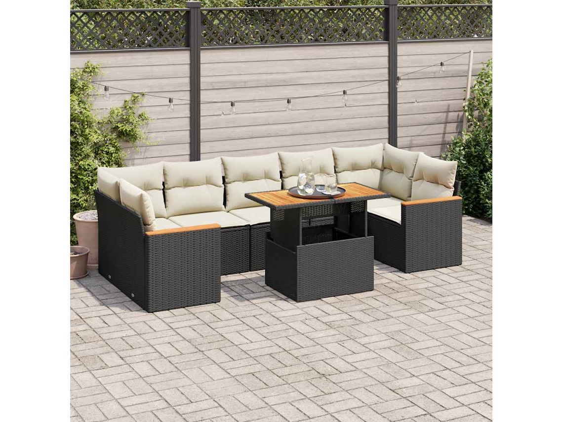 Vidaxl 8 Pcs Conjunto Sofás Jardim Com Almofadões Vime Pe/acácia Preto