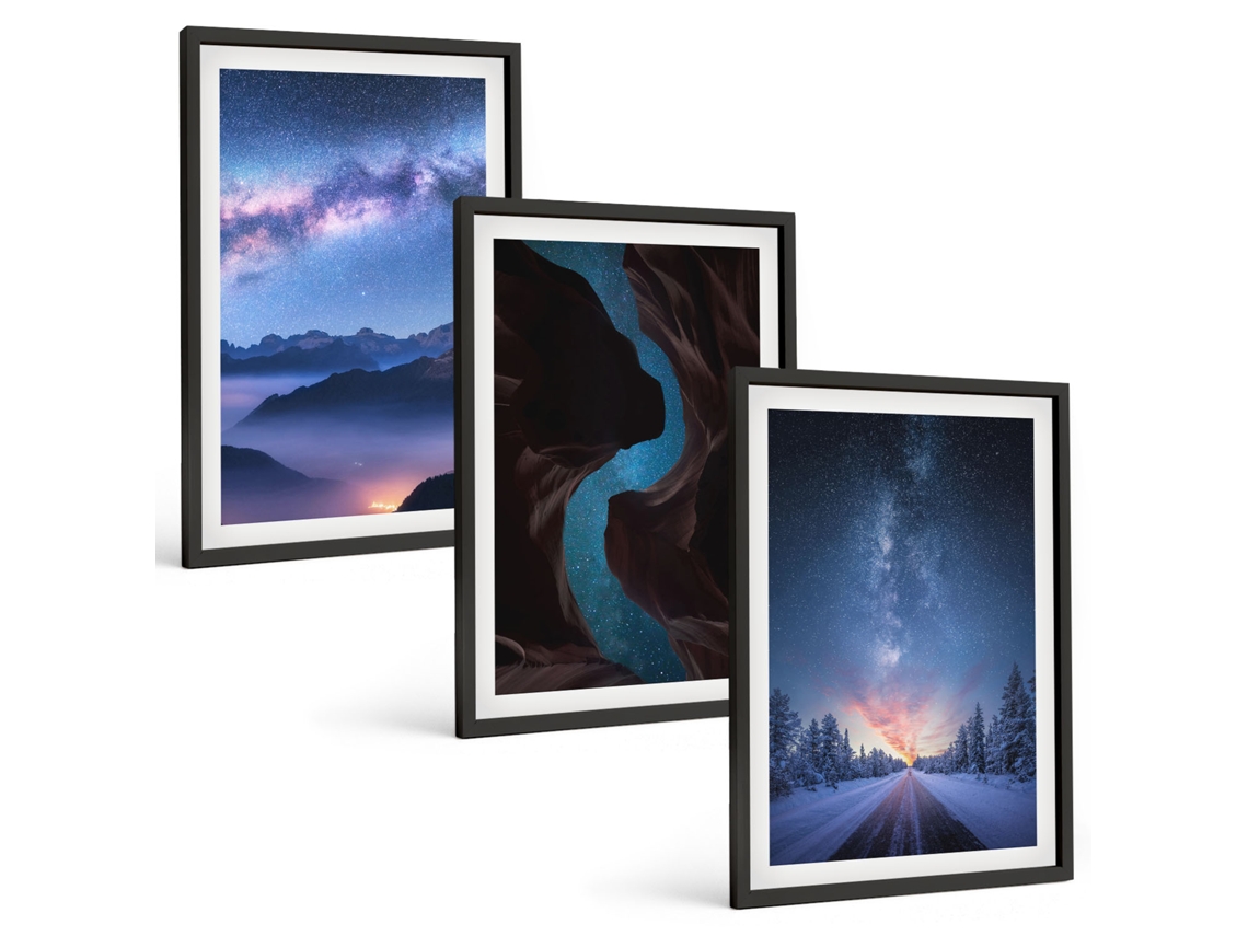 Composição De Quadros Céu Noturno Com Montanhas E Paisagem De Inverno Moldura Preta Fotos Para O Escritório Espelharte (3 Piezas De 40x60 Cm)