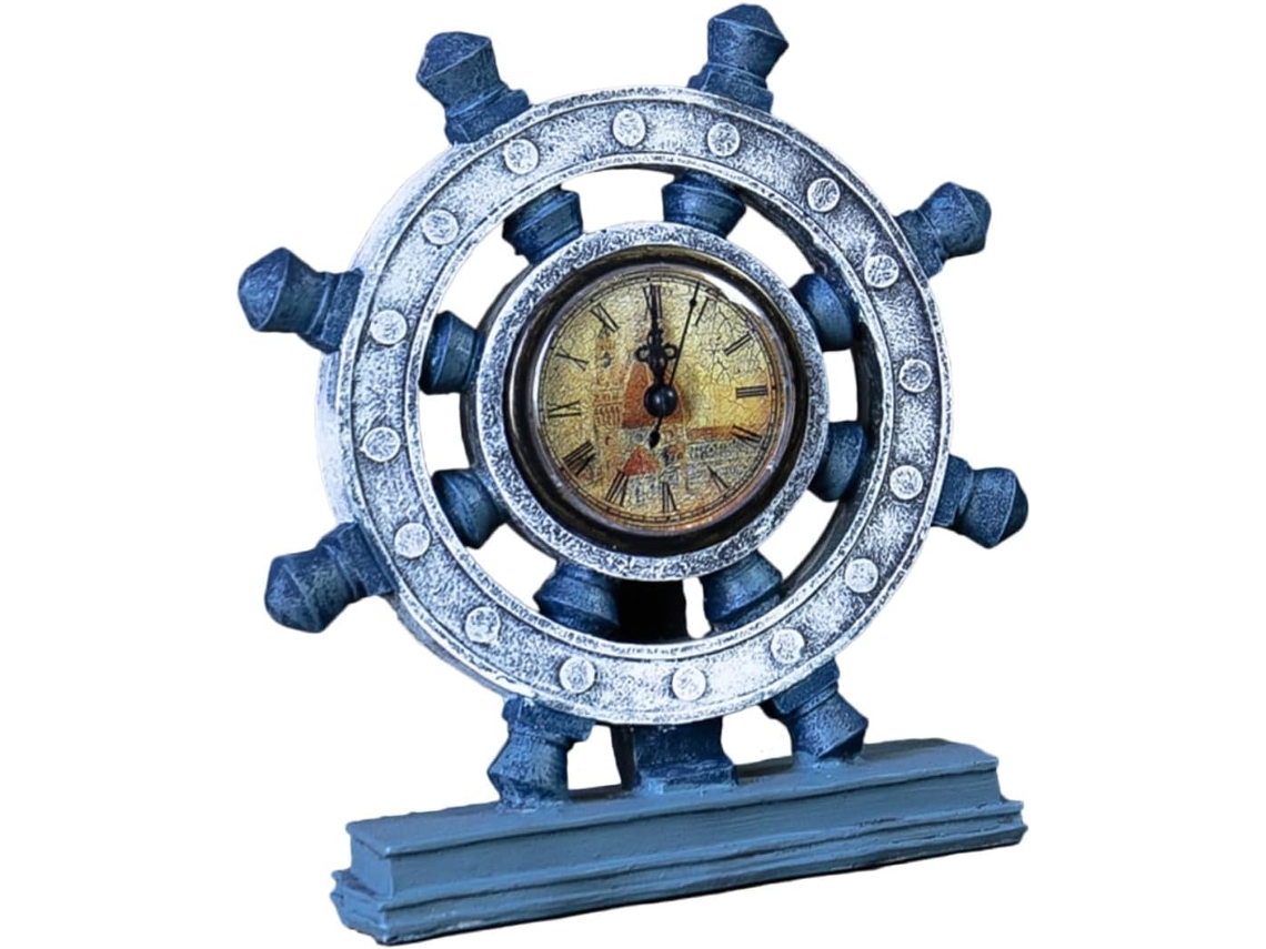 Relógio De Mesa Vintage Em Resina Azul Com Design De Roda De Navio, Sem Bateria, Estilo Retrô, Ideal Para Escritório Relógio De Mesa Vi Gokoco