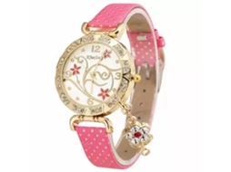 Relógio de Pulso Feminino com Padrão Floral e Strass em Couro Pu Rosa