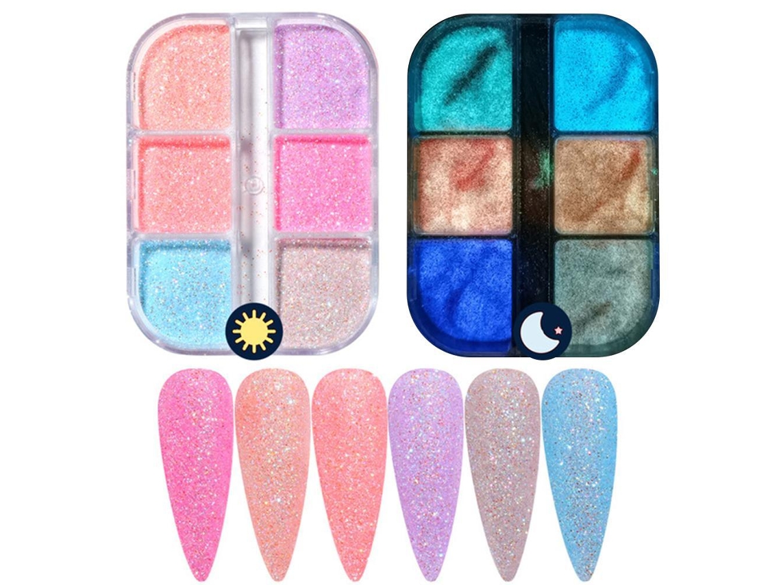 Pó para unhas Rebe-Luminous, 6 cores neon com glitter para nail art, ideal para mulheres e meninas.