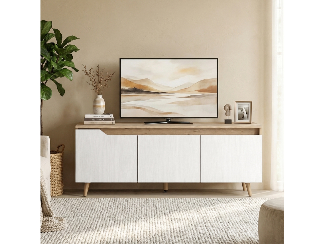 Móvel De Tv Para Sala Com 3 Portas Para Televisões Até 55 Polegadas Estilo Moderno 120x35x45,5 Cm Carvalho E Branco