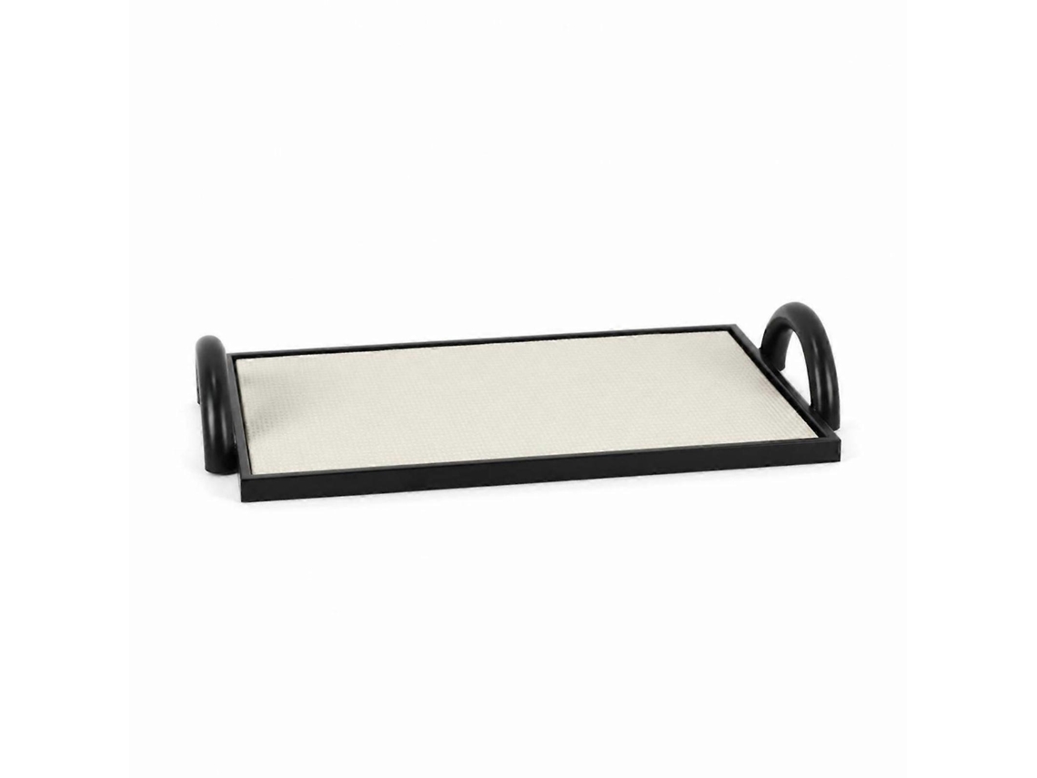 Bandeja Retangular De Metal Com Bordas Elevadas E Alças Em Formato De Laço, Design Minimalista.