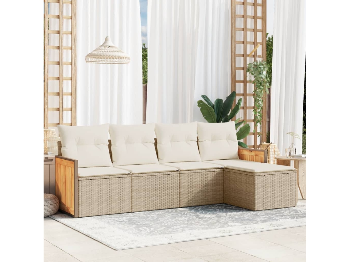Vidaxl 5 Pcs Conjunto De Sofás P/ Jardim Com Almofadões Vime Pe Bege