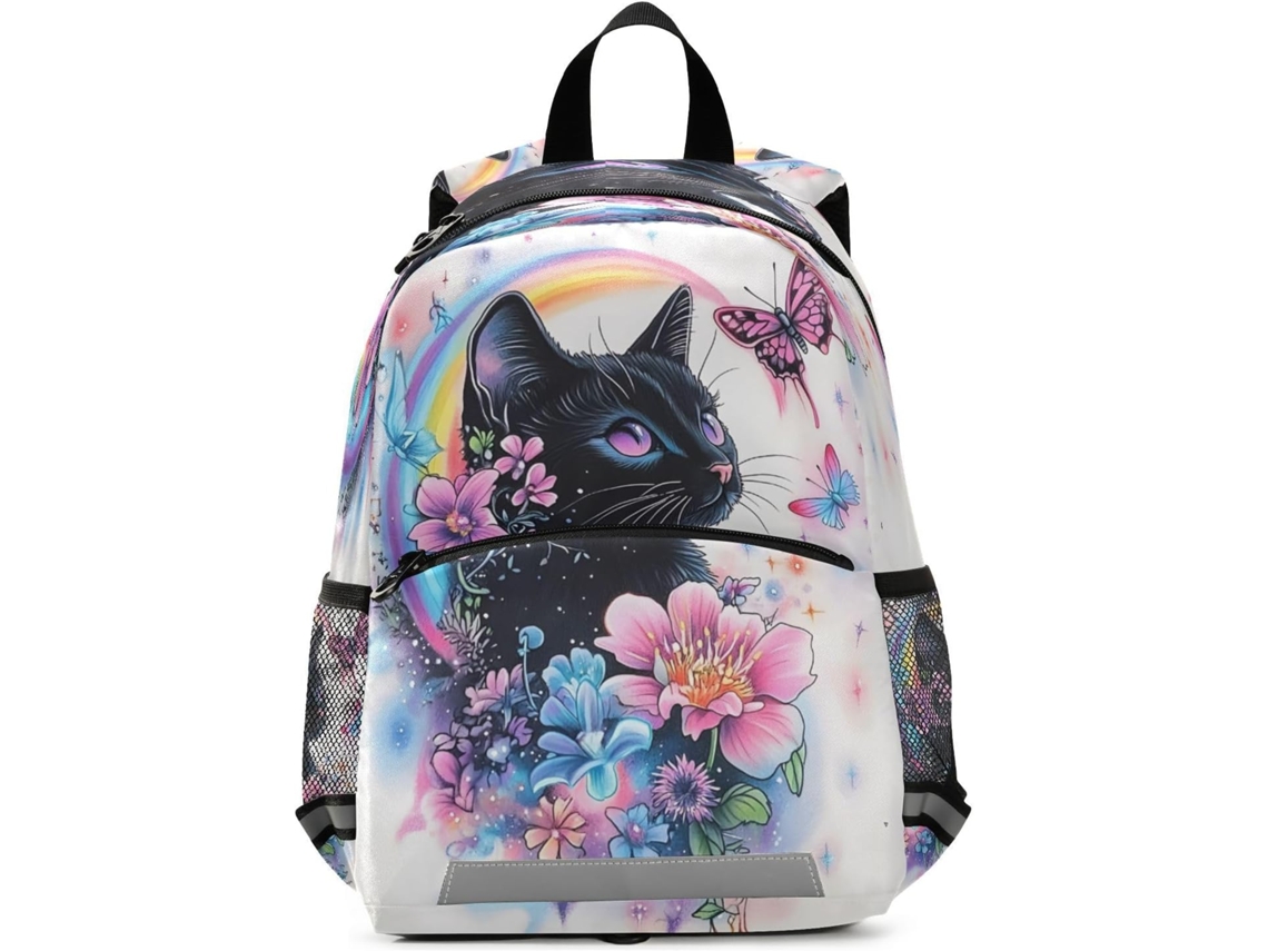 Mochila Infantil Mnsruu, Com Estampa Gato Preto, Flor E Lua, Para Meninos Meninas. Ideal Viagens