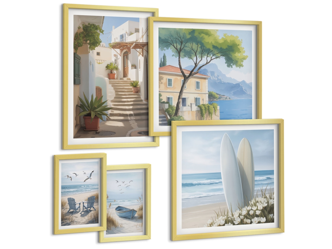 Conjunto De Pinturas Praias, Palmeiras, Água Cristalina Moldura Dourada Quadros Para A Sala De Estar Espelharte (conjunto De 5 Imagens)