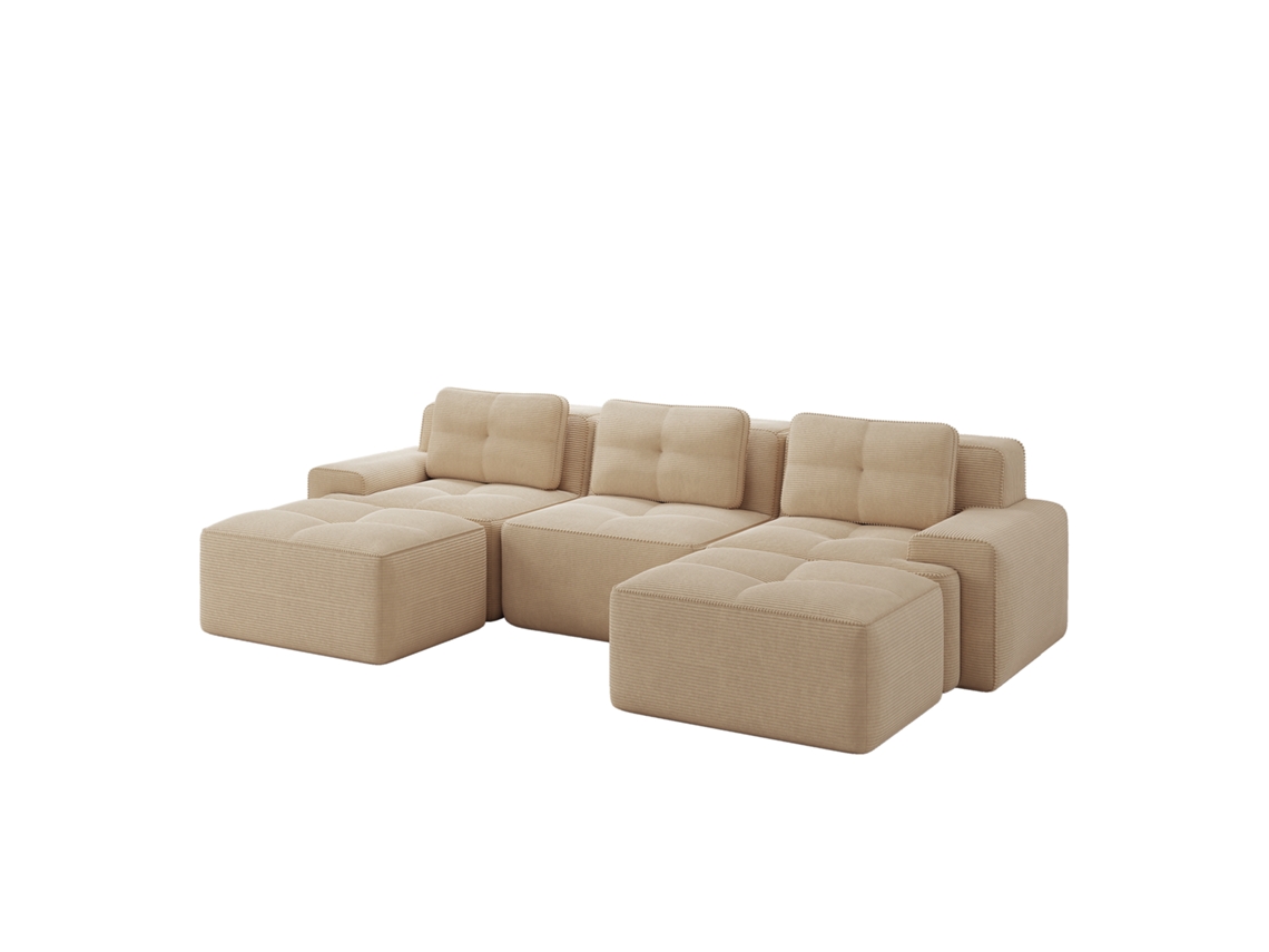 Conjunto de sofá modular estofado em forma de nuvem, sem estrutura fixa, inclui apoio para os pés, tecido aveludado bege, fácil de montar.