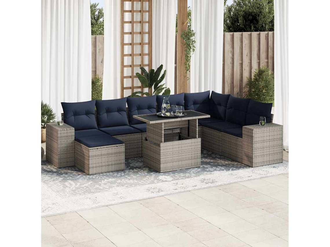 Vidaxl 9 Pcs Conjunto Sofás Jardim Almofadões Vime Pe/acácia Cinzento