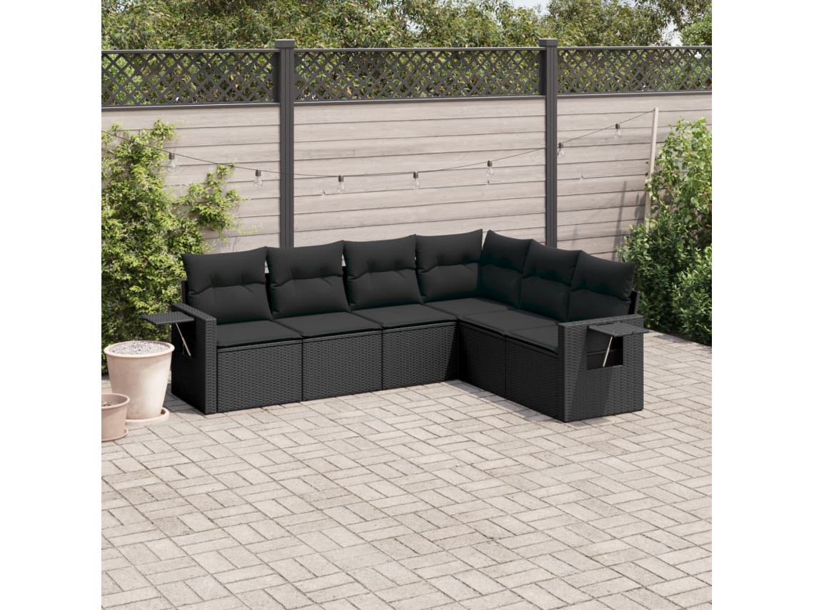 Jogo de Sofá Jardim 6 Peças C/ Almofadões Vime Pe Preto Dkd Home Decor