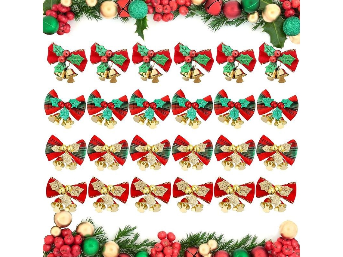 24 laços de Natal com sinos para decorar árvore, presentes e artesanato | S/MARCA