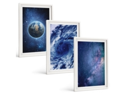 Composição De Quadros Terra, Espaço, Tempestade, Galáxia Moldura Branca Quadros Para O Escritório Espelharte (3 Piezas De 40x60 Cm)