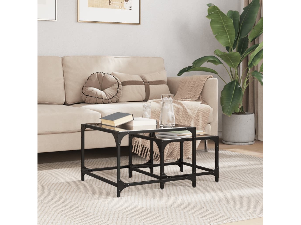 Vidaxl Mesas De Café Nesting 2 Peças Com Tampo De Vidro Preto Em Aço