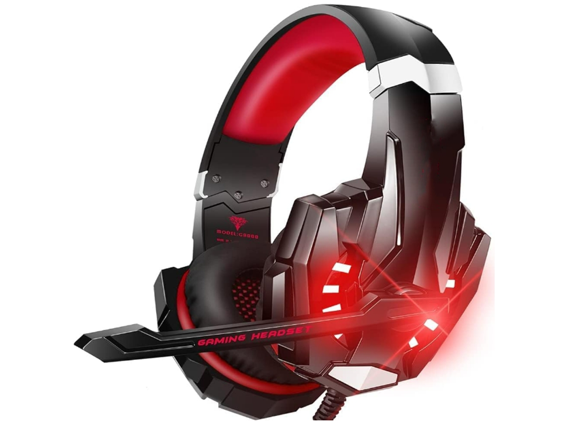 Fone Estéreo Jogo Pro com Cancelamento Ruído, Microfone, Luz LED, Almofadas de Memória, Kits Vermelho JIAPEI