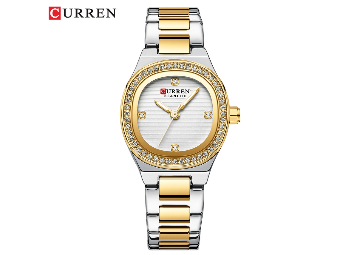 Relógio Feminino de Quartzo com Mostrador Quadrado, Pulseira de Aço e Strass, Dois Tons Branco
