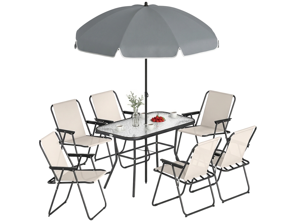 Conjunto Mesa E Cadeiras Jardim 8 Peças Com Guarda-sol, 6 Cadeiras Dobráveis E Mesa De Vidro Temperado, Creme