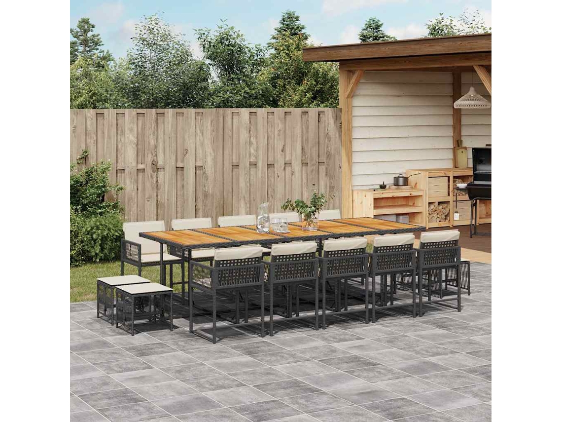 Vidaxl 15 Pcs Conjunto De Jantar P/jardim Com Almofadões Vime Pe Preto