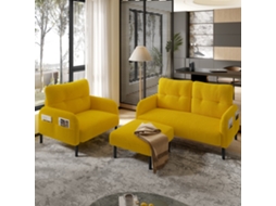 Conjunto 3 Peças Cord: Poltrona + Banqueta + Sofá 2 Lugares, Estrutura Aço, Encosto Macio, Assento Profundo, Modular – Amarelo Mostarda