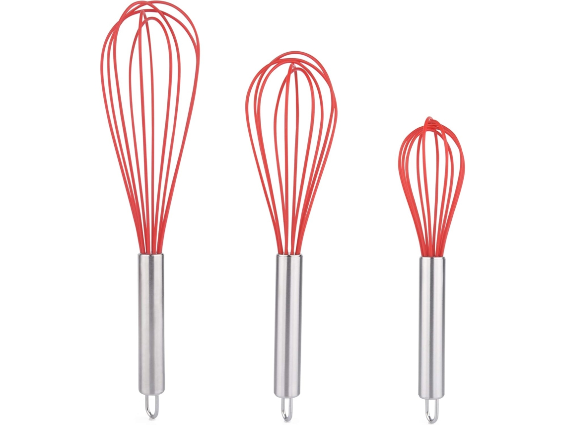 Conjunto De 3 Batedores De Silicone Vermelhos Com Cabos Aço Inoxidável, Batedor Para Leite E Ovos, Batedor De Arame