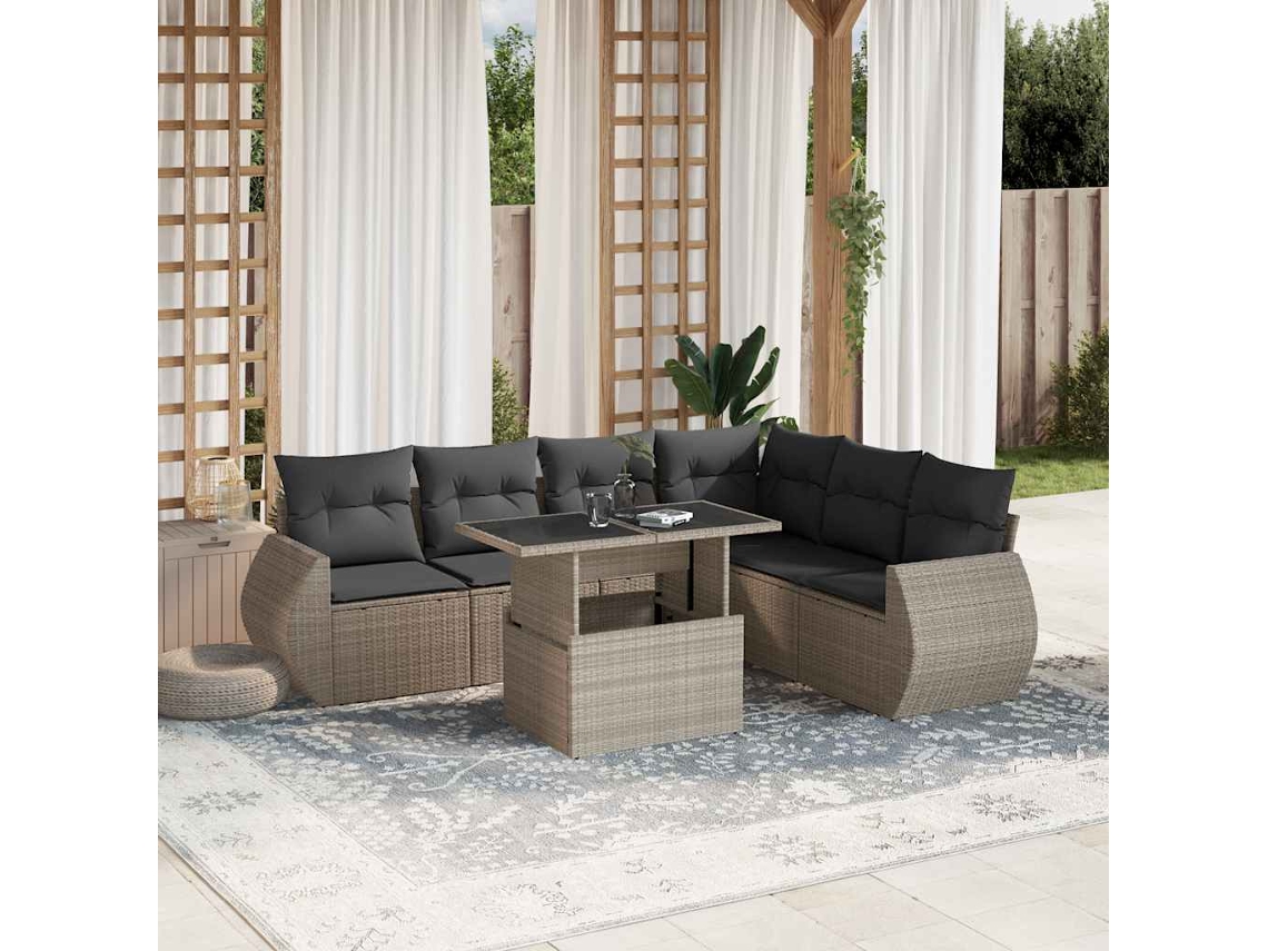 Vidaxl 7 Pcs Conj. Sofás Jardim Com Almofadões Vime Pe Cinzento-claro