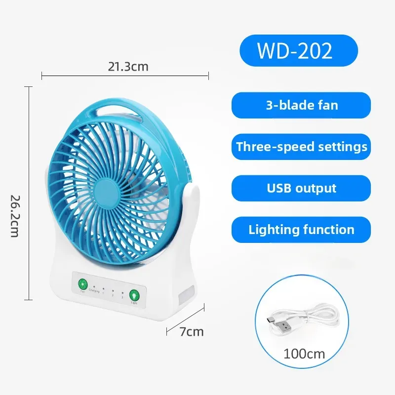 Ventilador de Mesa CZHHMART, 3 velocidades, iluminação LED, azul