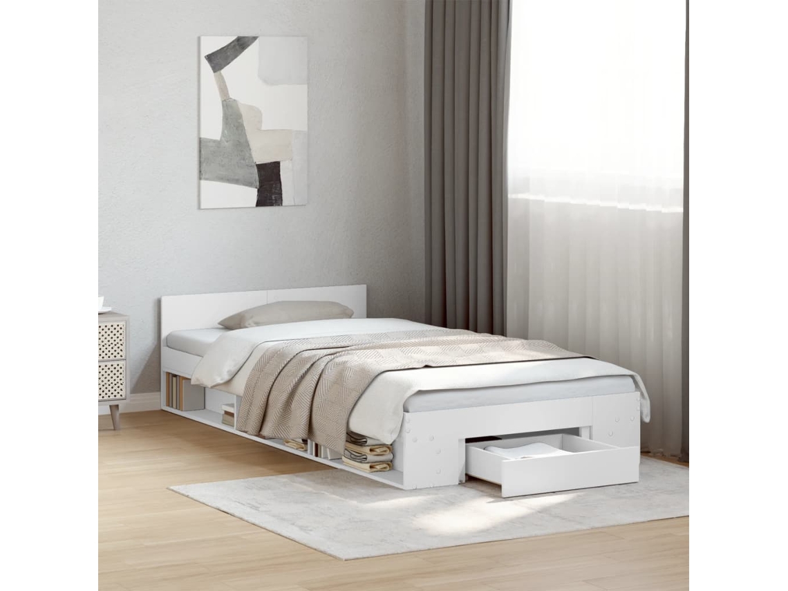 Vidaxl Estrutura Cama C/ Gaveta 75x190 Cm Derivados De Madeira Branco